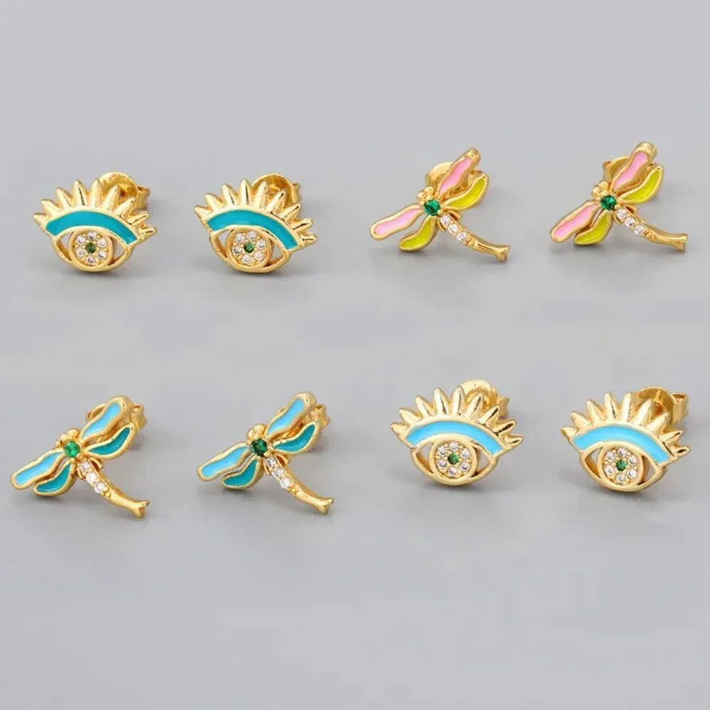 Dainty Pink & Gold Dragonfly CZ Diamonds Boho Small Stud Earrings NEW - Picture 2 of 3